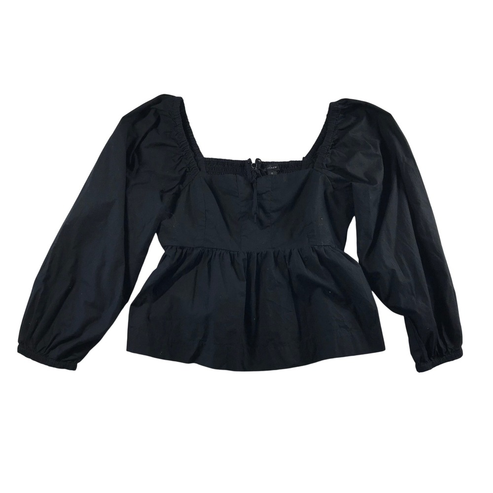 J.Crew Black Cotton Puff Sleeve Peplum Top Square Neck Smocked Back Size 6